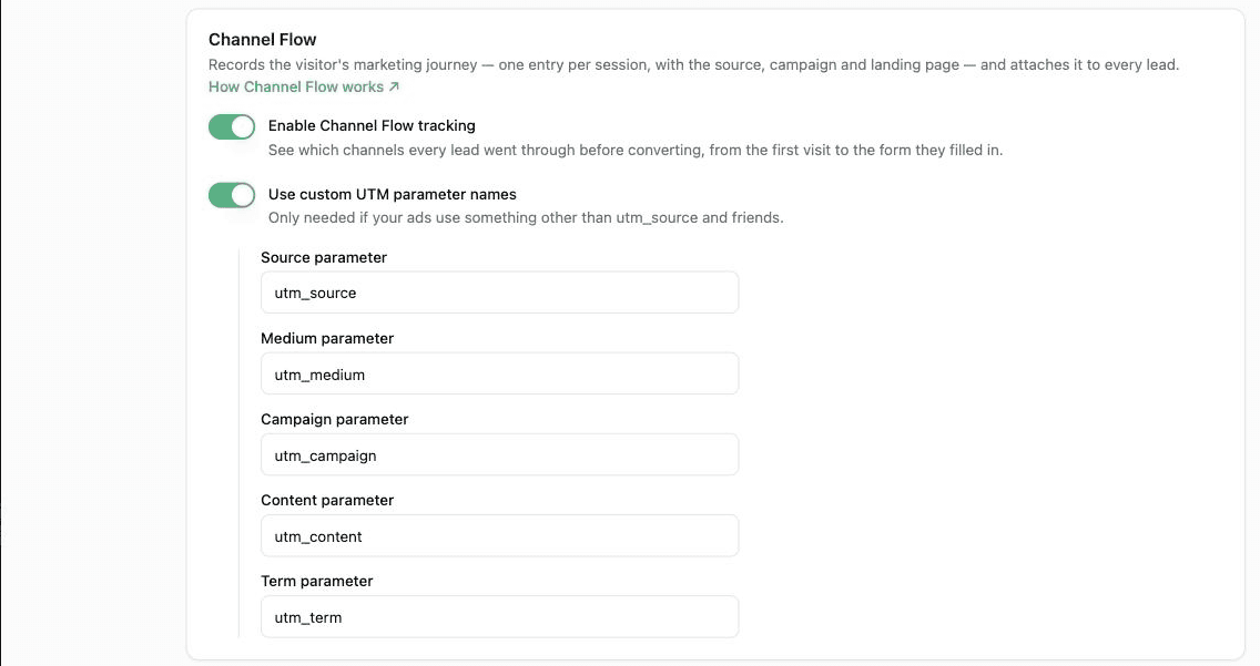 The LeadTrackr WordPress plugin with Use custom UTM parameter names switched on, showing the five parameter fields