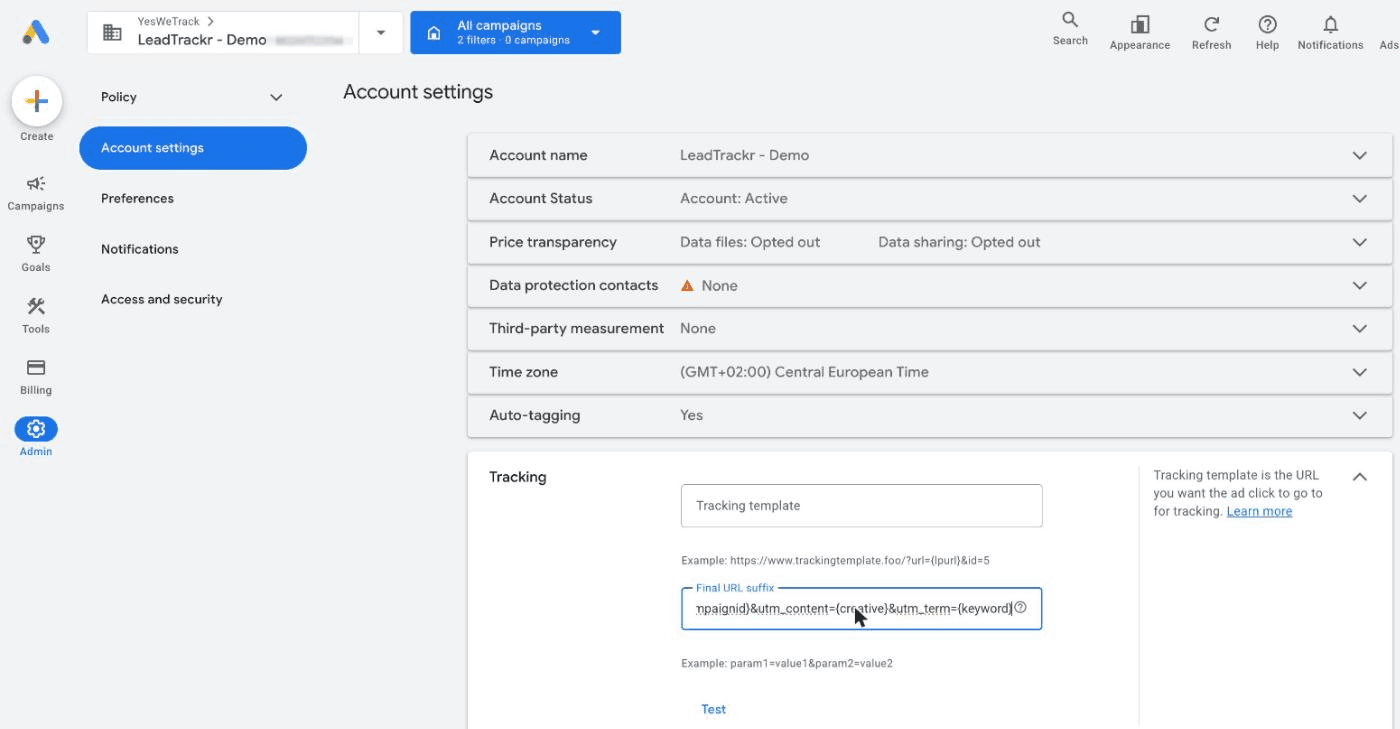 Google Ads account settings with the Tracking section expanded and a tagging string in the Final URL suffix field