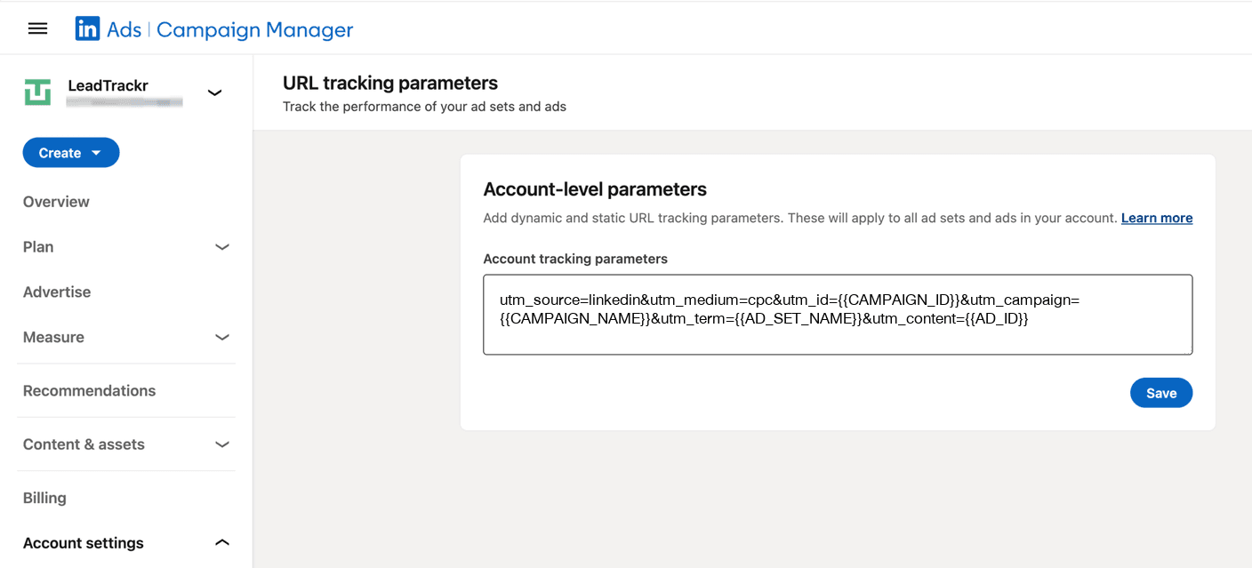 LinkedIn Campaign Manager URL tracking parameters screen with the tagging string in the account tracking parameters field