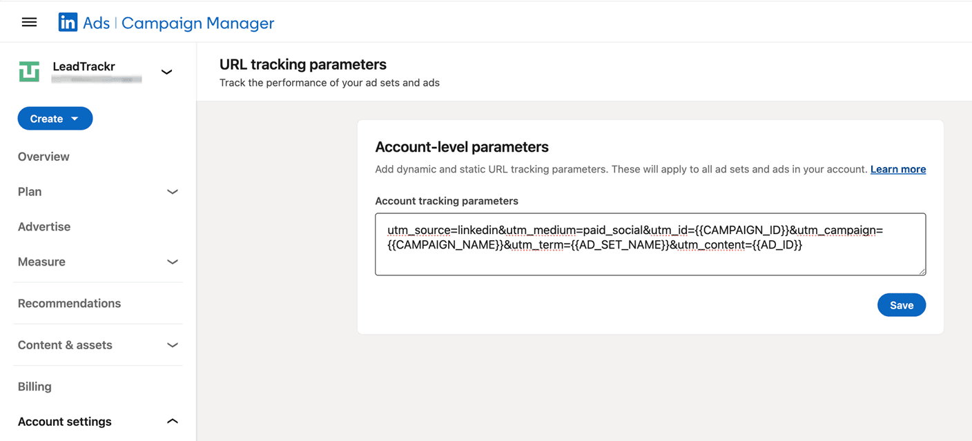 LinkedIn Campaign Manager URL tracking parameters screen with the tagging string in the account tracking parameters field