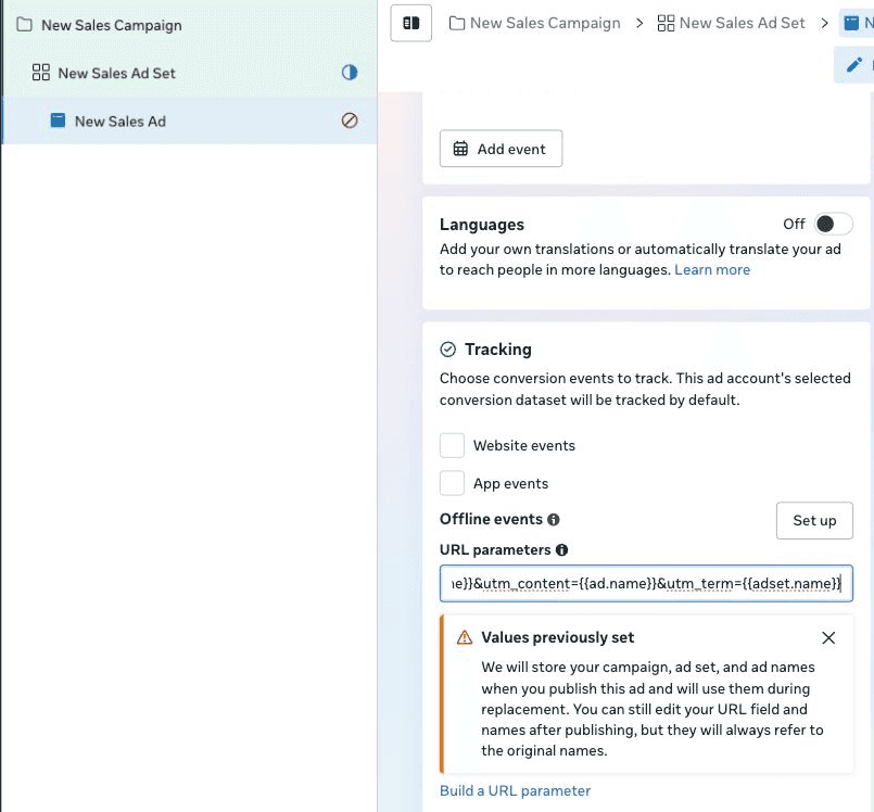 Meta Ads Manager ad editor with a tagging string in the URL parameters field and the values previously set warning