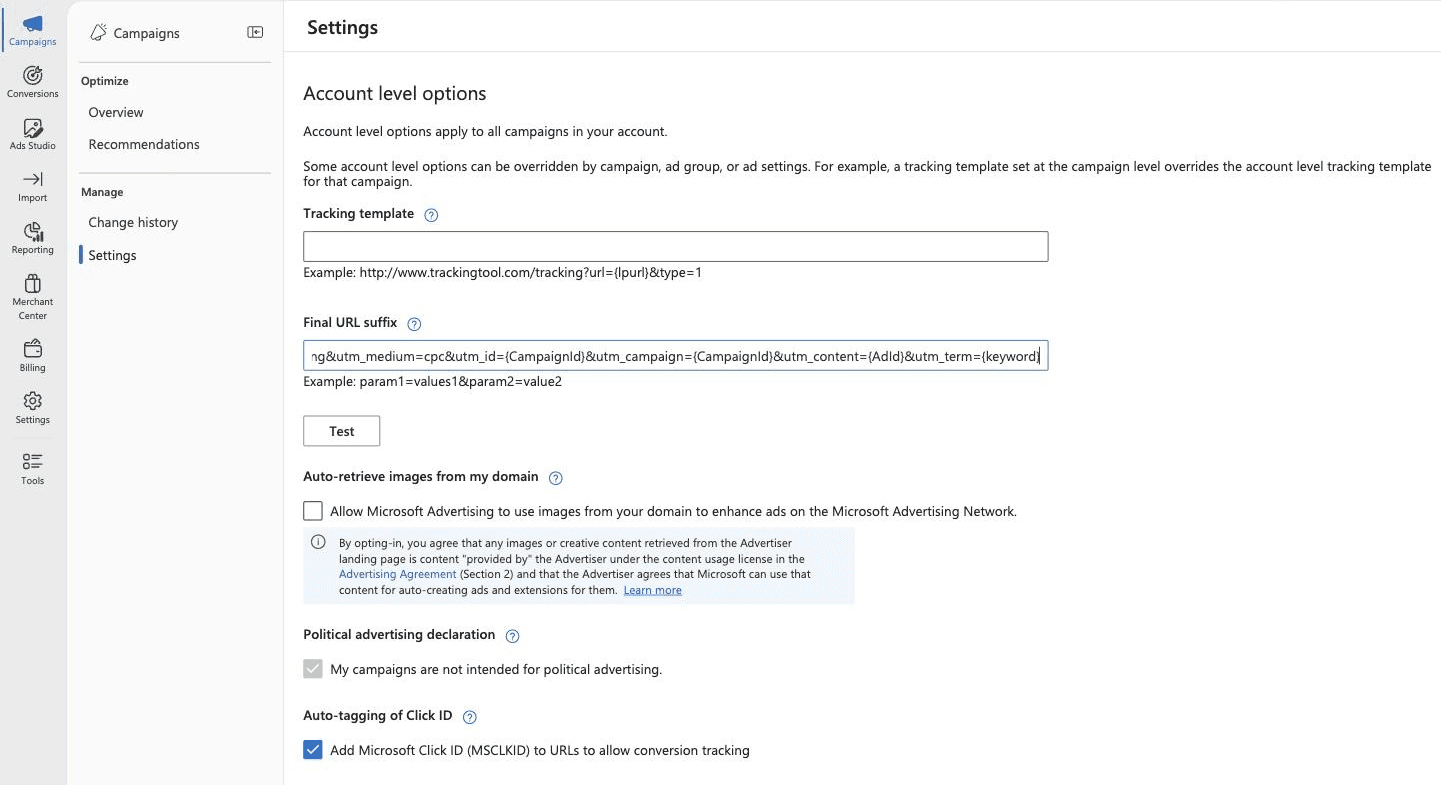 Microsoft Advertising account level options with a tagging string in the Final URL suffix field