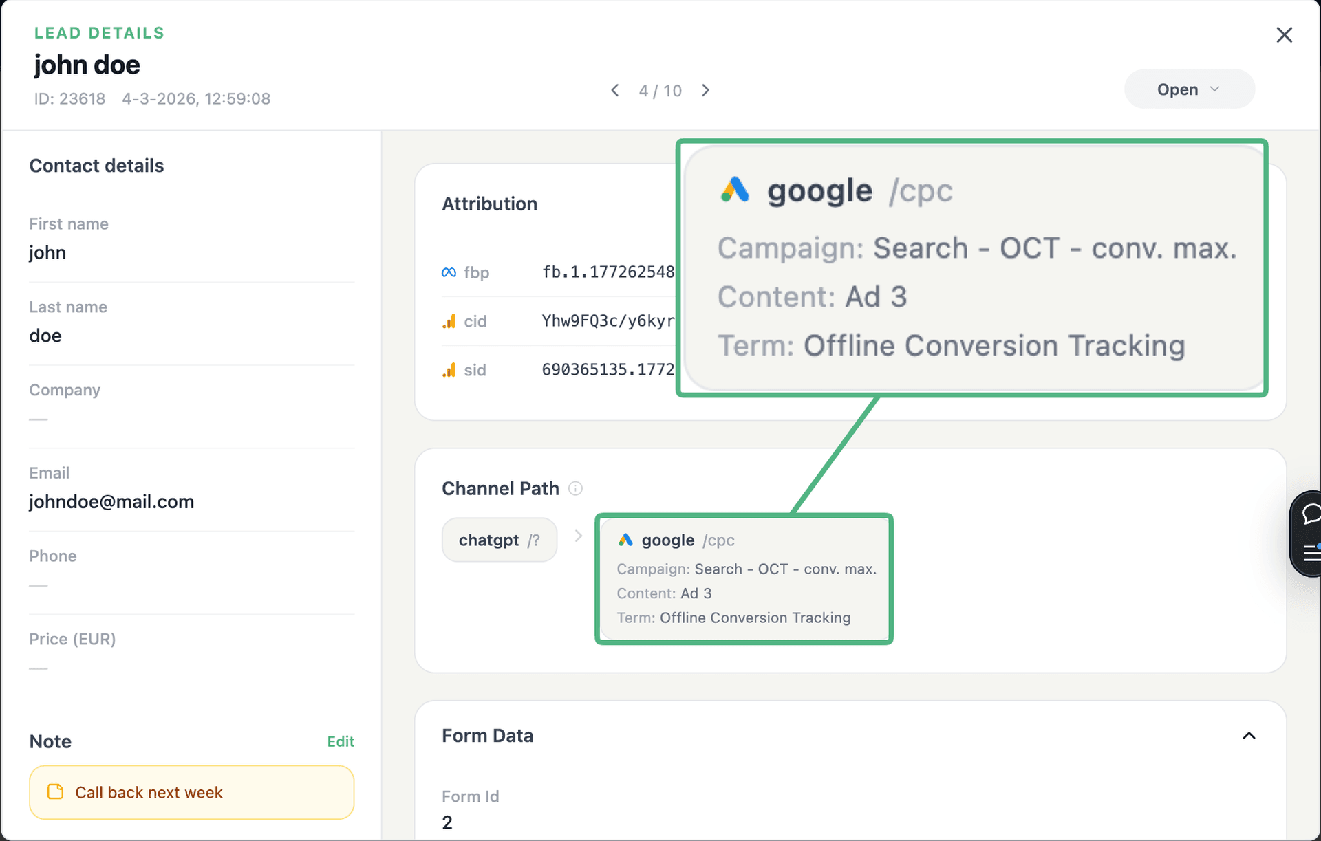LeadTrackr lead detail showing full attribution: the Google Ads campaign, ad and keyword behind a single lead, plus its channel path