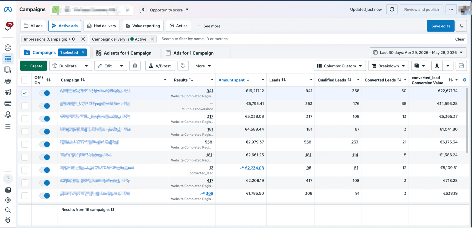 LeadTrackr offline-conversion columns inside Meta Ads Manager