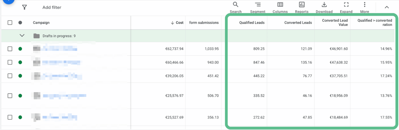 LeadTrackr lead columns inside Google Ads, mobile view