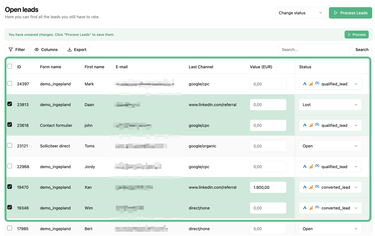LeadTrackr inbox with every lead, mobile view