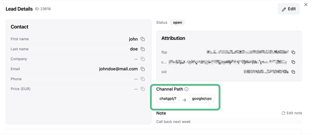 LeadTrackr lead details with channel path, mobile view