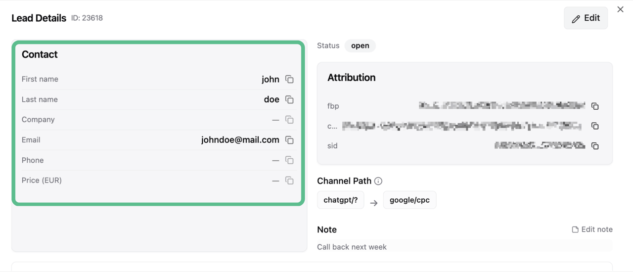 LeadTrackr lead details with contact info, mobile view