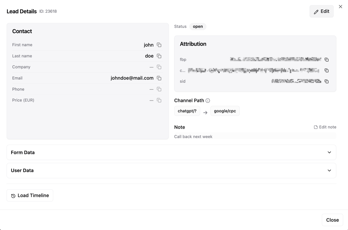 LeadTrackr Lead Details modal showing contact, status, full attribution and channel path