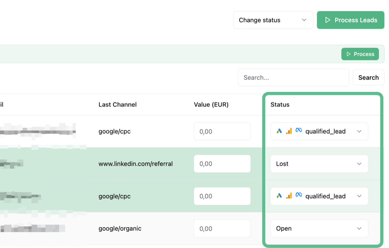 LeadTrackr lead status column synced to platforms, mobile view