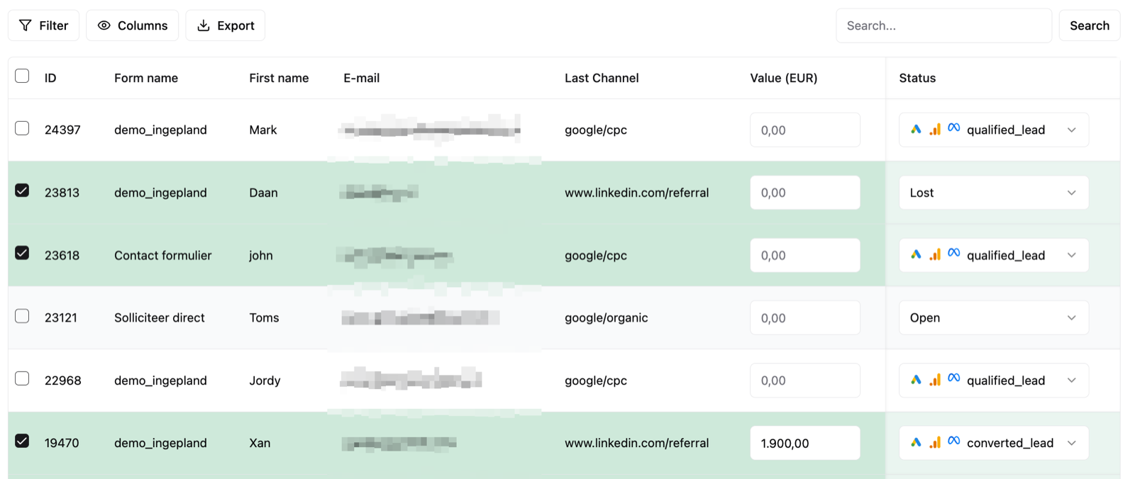 LeadTrackr open leads inbox showing every lead, channel path, value and status