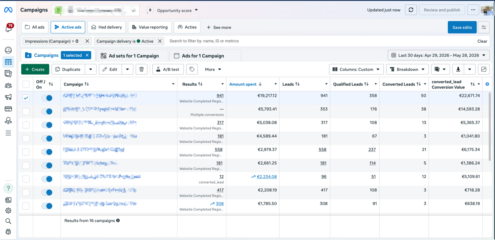 Qualified and converted leads from LeadTrackr inside Meta Ads Manager
